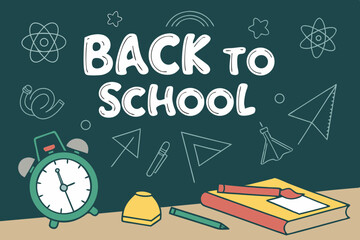 Back to school classroom scene with a chalkboard background filled with mathematical formulas, geometry diagrams, and white chalk scribbles. On a wooden desk in the foreground are school supplies