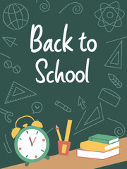 Back to school classroom scene with a chalkboard background filled with mathematical formulas, geometry diagrams, and white chalk scribbles. On a wooden desk in the foreground are school supplies