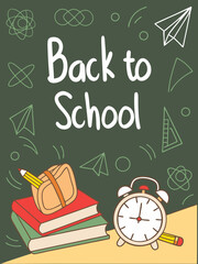 Back to school classroom scene with a chalkboard background filled with mathematical formulas, geometry diagrams, and white chalk scribbles. On a wooden desk in the foreground are school supplies
