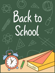 Back to school classroom scene with a chalkboard background filled with mathematical formulas, geometry diagrams, and white chalk scribbles. On a wooden desk in the foreground are school supplies