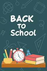 Back to school classroom scene with a chalkboard background filled with mathematical formulas, geometry diagrams, and white chalk scribbles. On a wooden desk in the foreground are school supplies