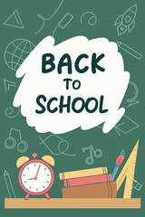 Back to school classroom scene with a chalkboard background filled with mathematical formulas, geometry diagrams, and white chalk scribbles. On a wooden desk in the foreground are school supplies