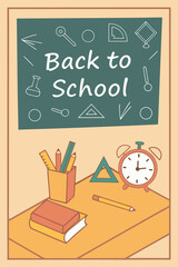 Back to school classroom scene with a chalkboard background filled with mathematical formulas, geometry diagrams, and white chalk scribbles. On a wooden desk in the foreground are school supplies