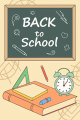 Back to school classroom scene with a chalkboard background filled with mathematical formulas, geometry diagrams, and white chalk scribbles. On a wooden desk in the foreground are school supplies