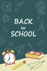 Back to school classroom scene with a chalkboard background filled with mathematical formulas, geometry diagrams, and white chalk scribbles. On a wooden desk in the foreground are school supplies