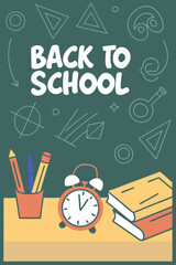 Back to school classroom scene with a chalkboard background filled with mathematical formulas, geometry diagrams, and white chalk scribbles. On a wooden desk in the foreground are school supplies