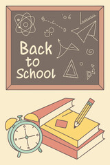 Back to school classroom scene with a chalkboard background filled with mathematical formulas, geometry diagrams, and white chalk scribbles. On a wooden desk in the foreground are school supplies