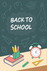 Back to school classroom scene with a chalkboard background filled with mathematical formulas, geometry diagrams, and white chalk scribbles. On a wooden desk in the foreground are school supplies
