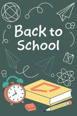 Back to school classroom scene with a chalkboard background filled with mathematical formulas, geometry diagrams, and white chalk scribbles. On a wooden desk in the foreground are school supplies