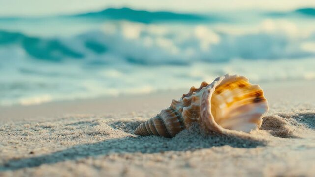 Sunlit seashell on vibrant sandy beach with gentle waves under clear sky