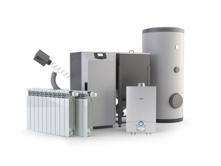Modern Heating System Set – Pellet Stove, Boiler, Radiators, Water Heater, and Storage Tank Isolated on Transparent Background. 3D Illustration