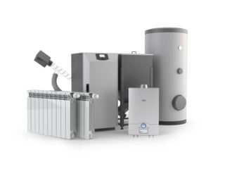 Modern Heating System Set – Pellet Stove, Boiler, Radiators, Water Heater, and Storage Tank Isolated on Transparent Background. 3D Illustration