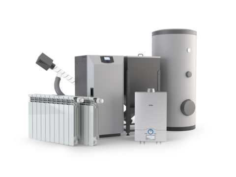 Modern Heating System Set – Pellet Stove, Boiler, Radiators, Water Heater, and Storage Tank Isolated on Transparent Background. 3D Illustration