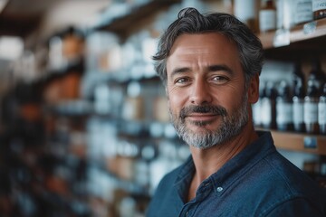 Fototapeta premium Smiling Mature Man in Retail Stockroom - Confident and Friendly Customer Service Experience in Local Business Ambiente