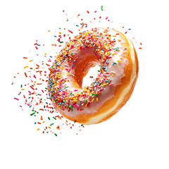 A glazed donut with colorful sprinkles in motion isolated on transparent background.