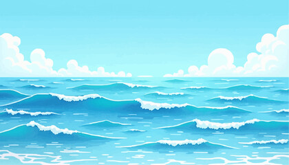 Cartoon sea with waves and clouds
