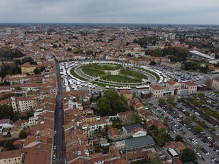 Aerial view of Prato della Valle in Padova, showcasing one of Europe’s largest squares with its...