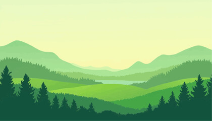 Green landscape with forest, lake and mountains