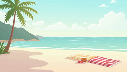 Naklejka premium Beach with towel, fruit and palm tree