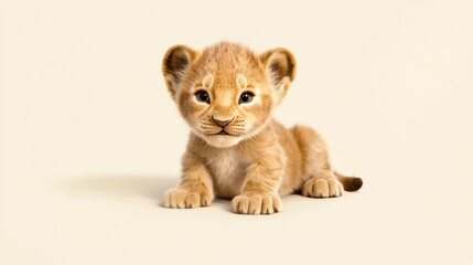 Obraz premium Cute Young Lion Cub Resting on Neutral Background with Gentle Expression and Soft Fur
