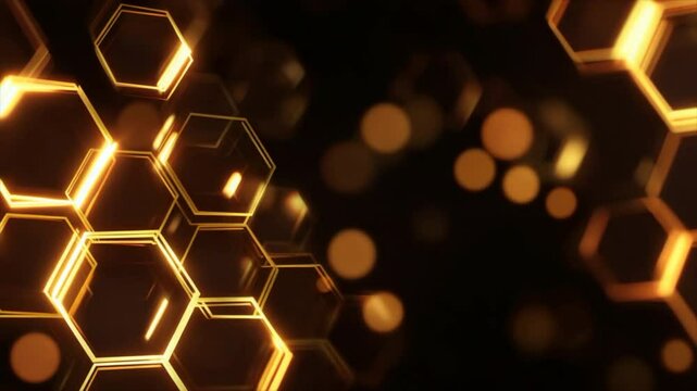 Abstract background with glowing honeycomb shapes, golden light, and bokeh on a black backdrop