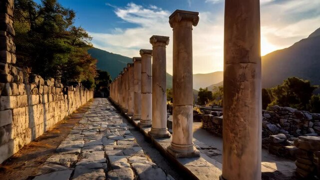 Row of tall stone columns on ancient cobblestone path at sunrise. Sun rays shine between mountain hills, green trees and blue sky with clouds.