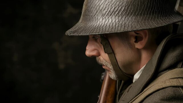 Solemn soldier in reflective moment: intense emotion and maturity in historical military scene