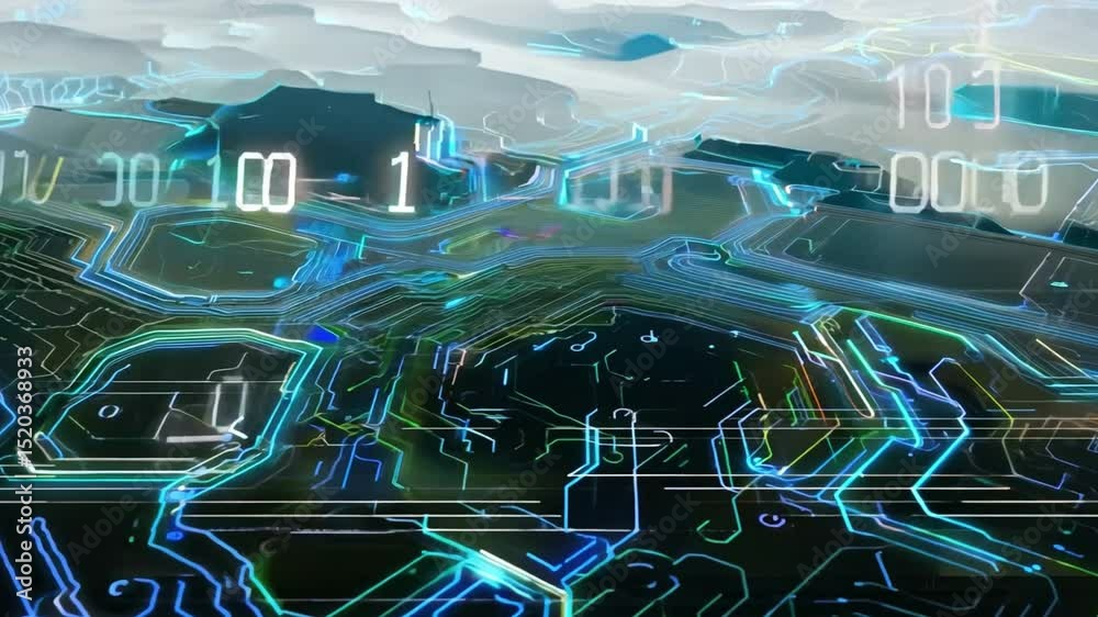 Poster futuristic circuit design exploring digital innovation and abstract electronics with glowing lines, 