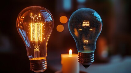Close up of an electric bulb filament a floating concept of a digital holographic bulb a candle and a bulb side by side symbolizing old vs new a smart home lighting system in action