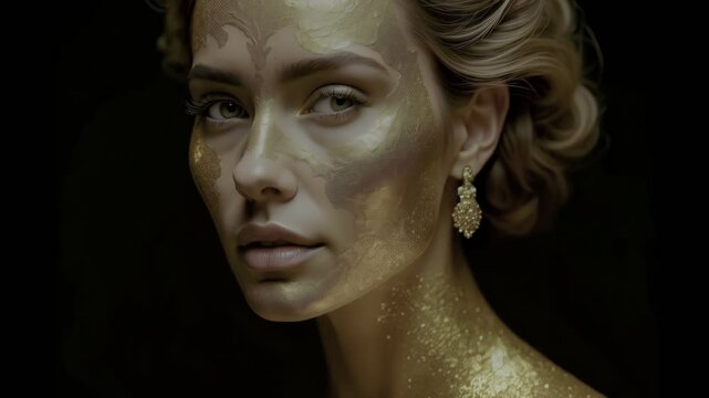 Golden-adorned woman with striking eyes gazes forward, illuminated against a dark backdrop. A captivating portrait of beauty and elegance