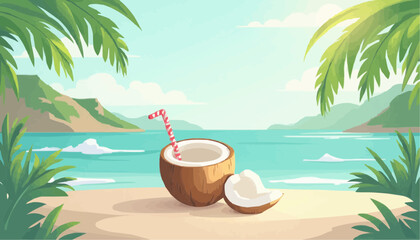Coconut Drink on Beach Cartoon Illustration