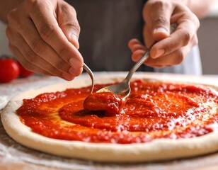 Person spreading pizza sauce