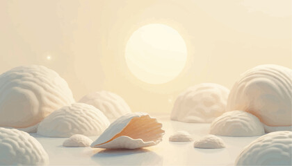 Seashells and domes scene in light pastel colours