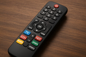 Black TV Remote Control on Wooden Table