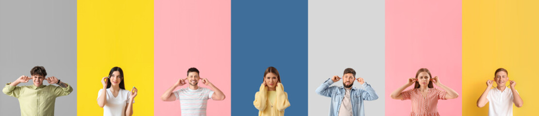 Set of young people suffering from loud noise on color background