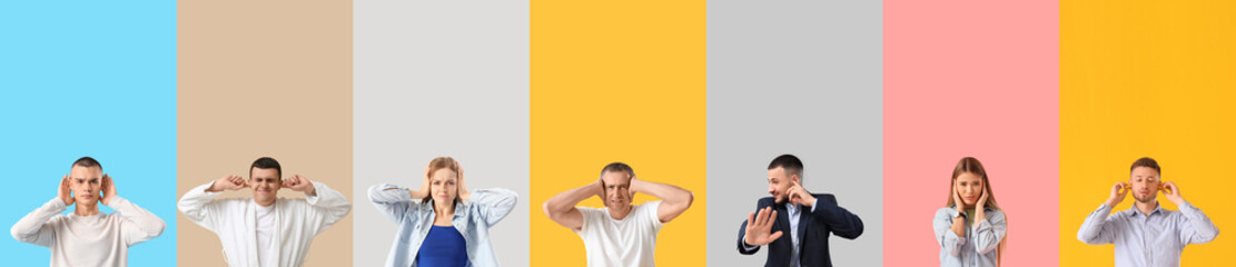 Collage of people suffering from loud noise on color background