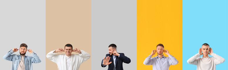 Collage of young men suffering from loud noise on color background