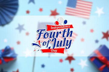 USA flag with stars and gift boxes on blue background. Independence Day celebration