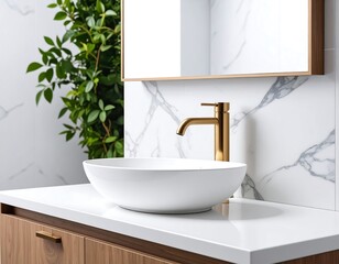 Modern bathroom vanity with gold faucet