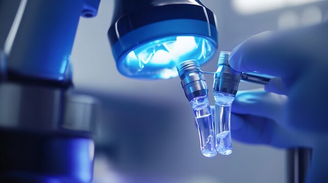 Close up photograph of a dentist applying fluoride treatment to a patients teeth dental chair with adjustable headrest medical lighting and a calm professional environment