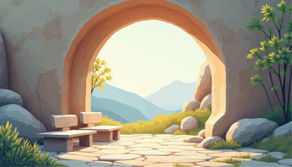 Stone archway view of mountain landscape