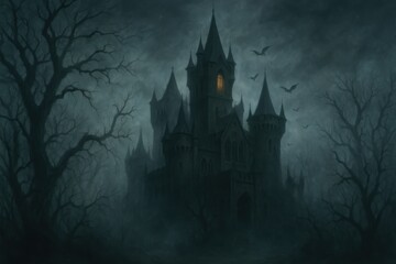 Eerie silhouette of a sprawling, dilapidated gothic castle with crumbling towers and broken stained-glass windows, perched on a craggy cliff under a stormy, moonlit night sky.