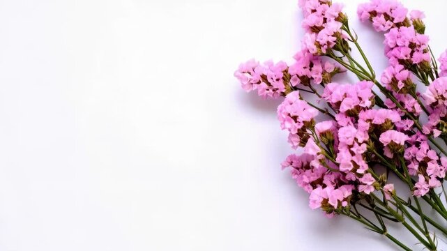 Delicate pink statice flowers arranged on a bright white surface providing space for text or graphics, floral design template