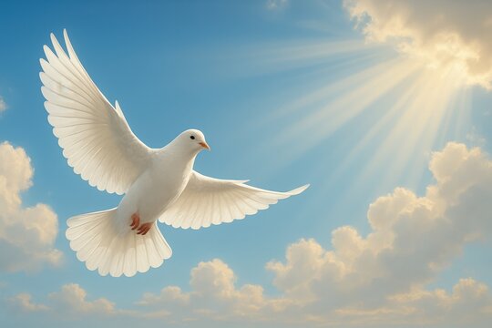 Majestic white dove, symbolizing peace and the Holy Spirit, soaring gracefully with wings outstretched against a backdrop of radiant sunbeams breaking through dramatic storm clouds.