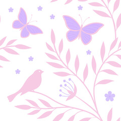 Charming Pastel Nature-Inspired Pattern with Butterflies, Flowers, and Bird