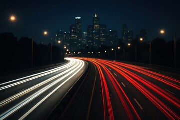 Fototapeta premium Abstract, artistic motion blur of car taillight trails and streetlights on a dark city street at night, creating a dynamic and energetic urban traffic banner.
