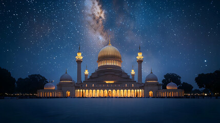 Obraz premium Pixelated Illuminated Mosque Under Milky Way Stars