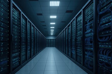 Comprehensive Data Center IT Infrastructure with Rows of Server Racks, Network Switches, and Structured Cabling
