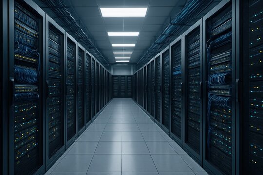 Comprehensive Data Center IT Infrastructure with Rows of Server Racks, Network Switches, and Structured Cabling