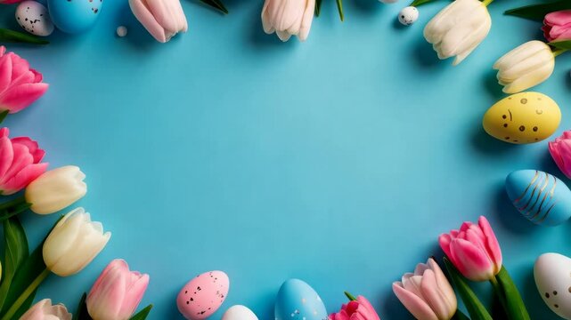Pastel colored Easter eggs and springtime tulips on a blue background framing a space for text or a message during the spring season.